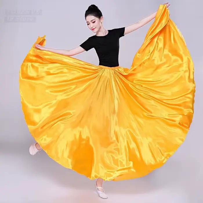 Jupe longue de danse gitane pour femmes, couleur unie, violet, or, en Satin, Yi et Uyghur, Costumes de danse tibétaine