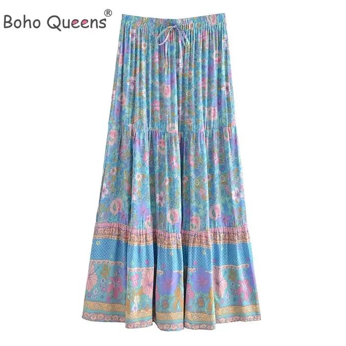 Boho Dinner ens-Jupe maxi plissée à pompons pour femmes, taille élastique, imprimé floral bleu, rayonne, plage, été, hiphélicoptère, vintage