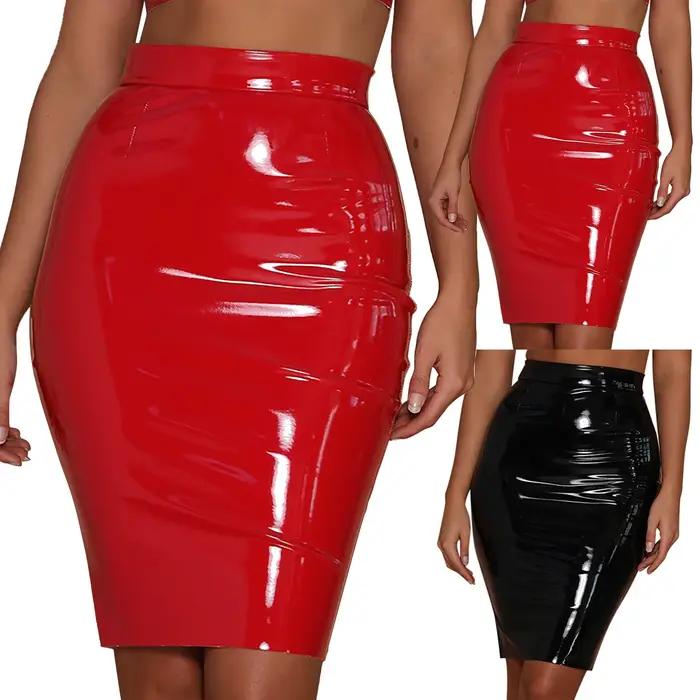 Rouge moulante Pu Mini jupe femmes Faux cuir paquet hanche taille haute