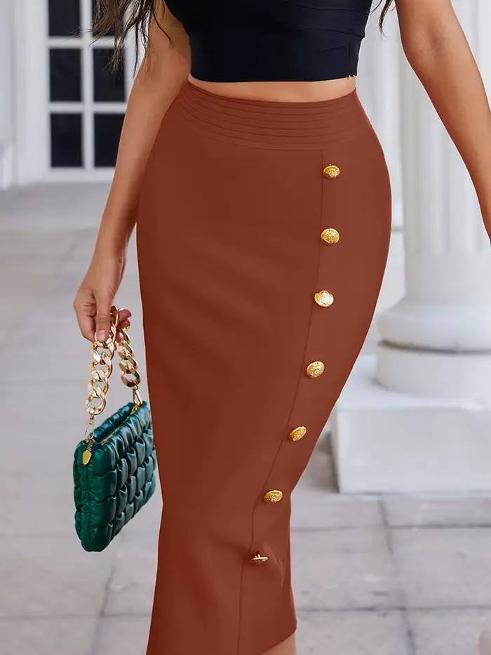 BEAUKEY-Jupe crayon mi-mollet marron pour femme, longue jupe de club de haute qualité, fût con, bouton bandage, vente en gros, XL, hiver