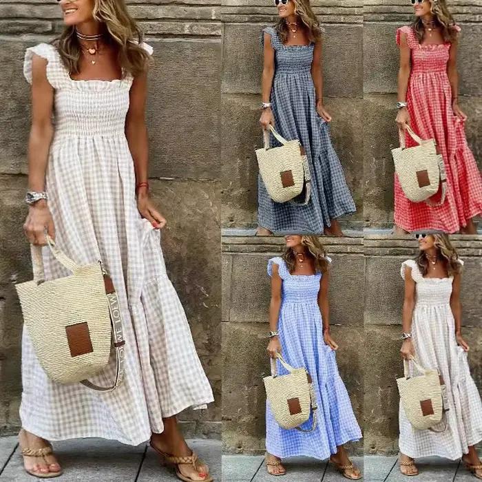 Robe longue d'été pour femmes, imprimé à carreaux, sans manches, taille élastique, ligne A, Maxi, décontractée, 2025