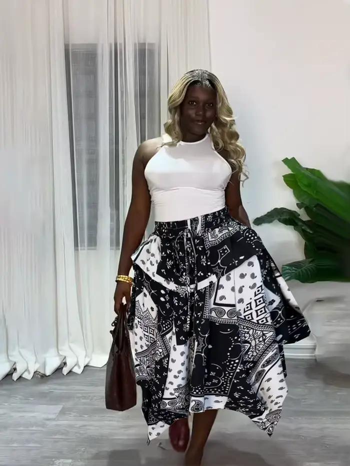 Jupe longue plissée évasée taille haute pour femme, coupe trapèze, asymétrique, décontractée d'été, à taille élastique, à carreaux