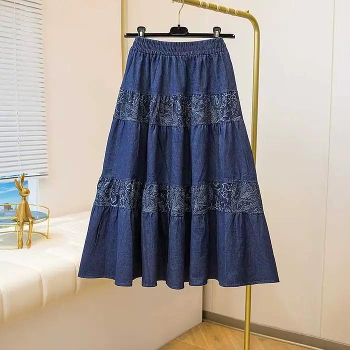 Jupe mi-longue en jean style ethnique rétro taille élastique grande