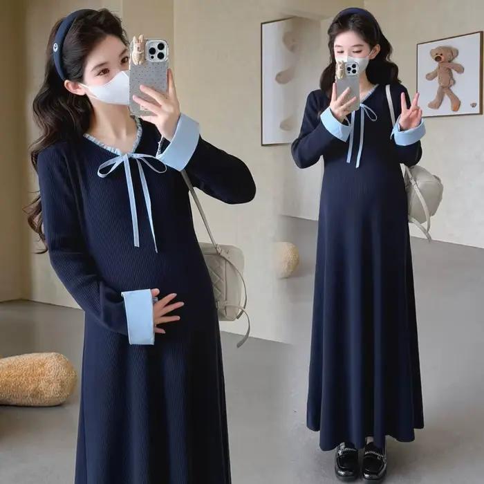 Robe de maternité printemps-automne, style preppy, mignonne, douce, polyvalente, confortable, à manches longues, en tricot, pour femmes enceintes