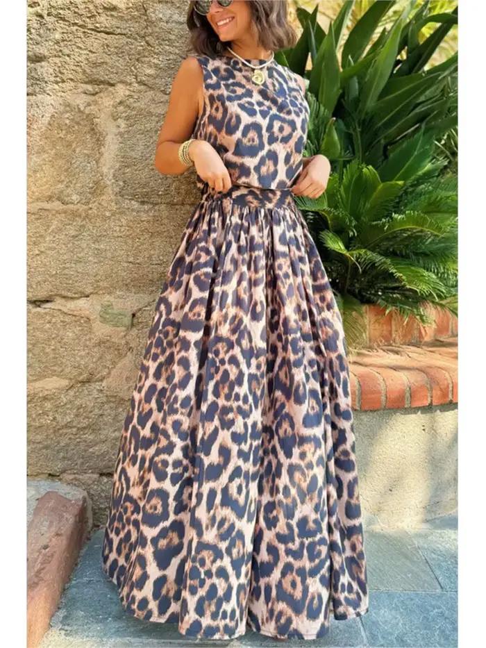 Tendance imprimé léopard jupe deux pièces ensemble femmes sans manches dos nu léopard haut court taille haute a-ligne jupes 2 pièces ensembles nouveau
