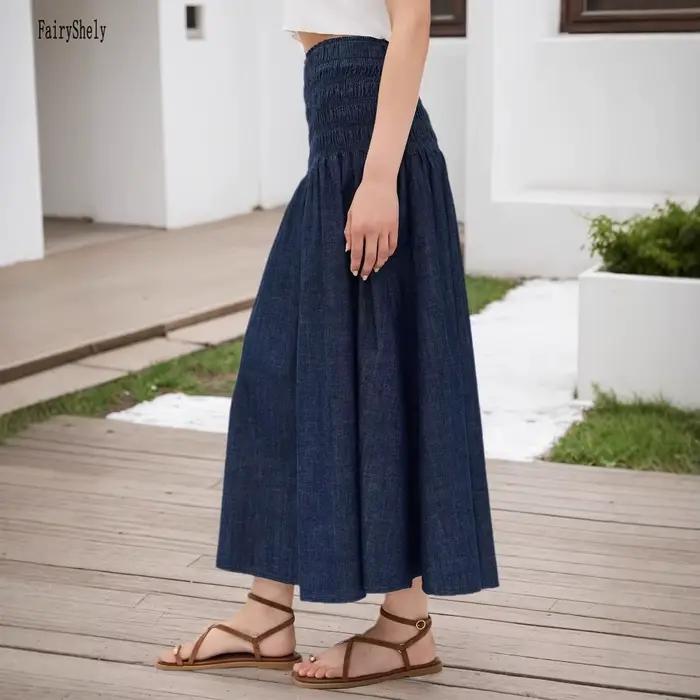 Fairyshely décontracté Faux Demin imprimé jupe longue femmes 2025 été à volants taille haute jupe Midi dame élégante une ligne jupe plissée