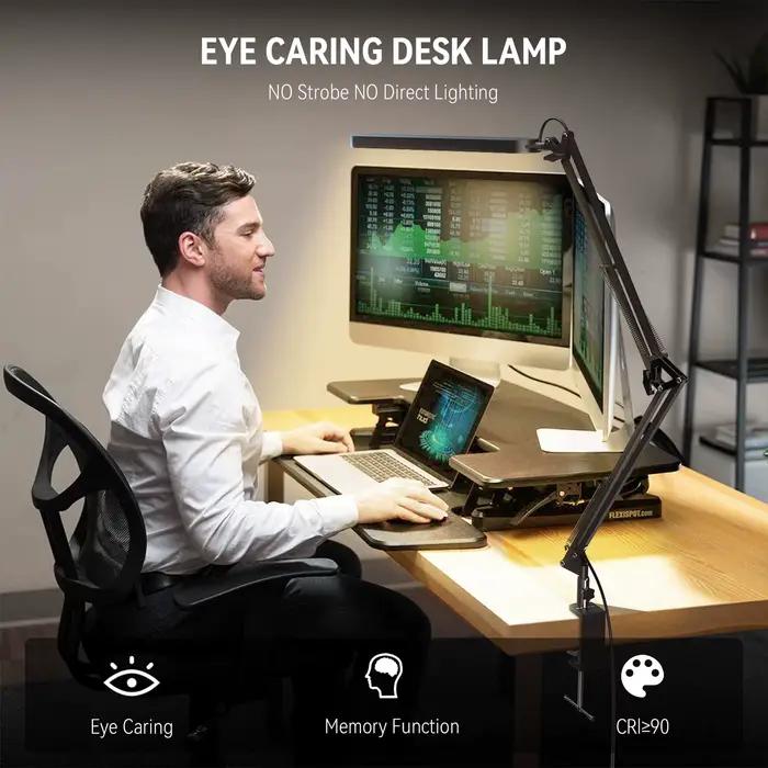 Lampe de bureau LED à bras long, pince pliable, lumière de soin des yeux réglable avec 3 modes de couleur, variable pour lire, les études et les travaux de bureau