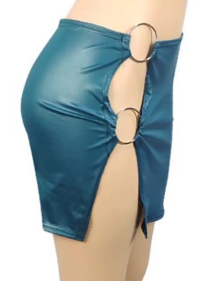 Mini jupe en simili cuir PU pour femmes, anneau métallique, fente latérale, taille haute, Slim, Vintage, moulante, fête en Club