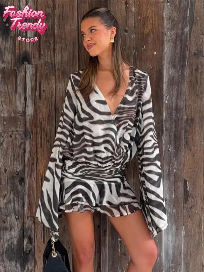 Robes Chic Femme Imprimé Zèbre Manches Longues Sexy Col V Profond Plis à la Taille Coupe Ample 2026