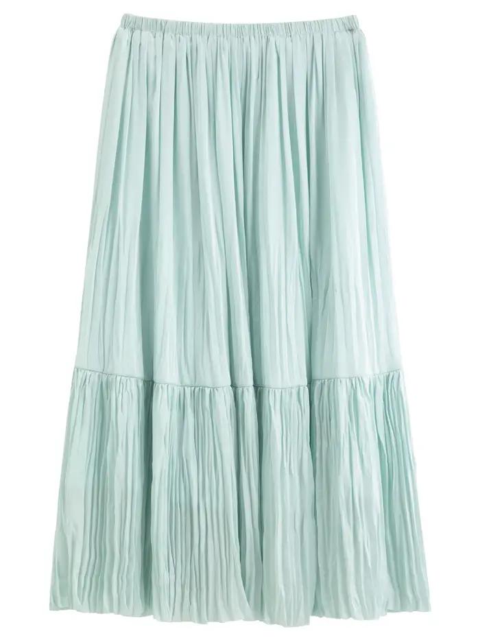 DUSHU 2026 Nouvelle jupe plissée mi-longue évasée pour femme, jupe fluide en mousseline à volants taille haute pour un style coquette et luxe discret