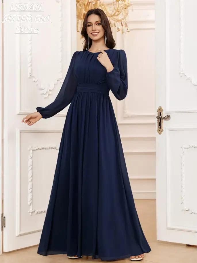 Robe longue en mousseline bleu marine à col rond, avec plis sur le devant, manches lanternes, taille haute et design fluide, idéale pour les femmes musulmanes, les célébrations de l'Aïd, les invitées 