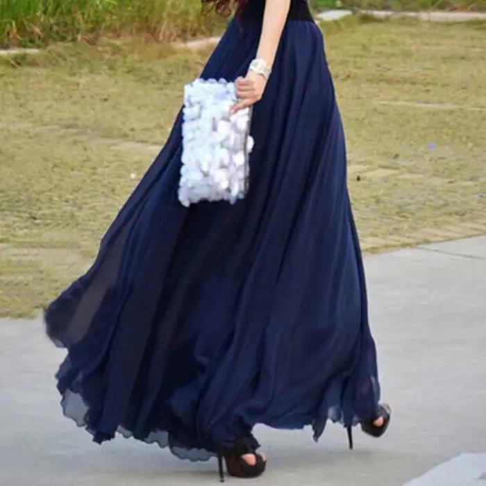 Jupe longue en mousseline de soie pour femmes, taille haute, longueur au sol, à volants, blanc, été, style Boho Maxi
