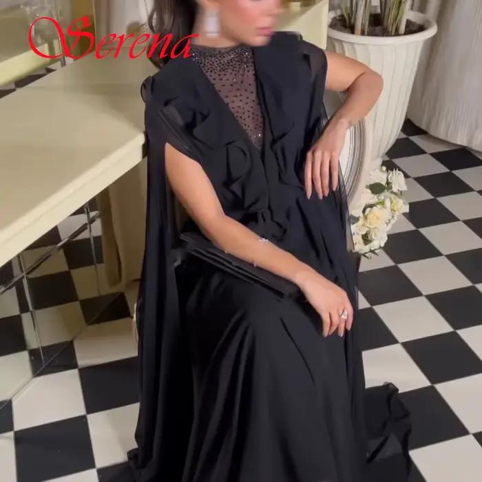 Robe de soirée en mousseline de soie noire, personnalisée, de haute qualité, élégante, gracieuse, col ras du cou, manches longues, robes de célébrité, robe de bal classique
