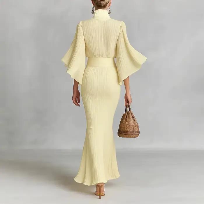 Ensemble jupe plissée abricot 2 pièces pour femmes, chemises légèrement transparentes à manches évasées, haut fendu, jupe longue, printemps été 2026 pour occasions semi-formelles et journées quotidiennes
