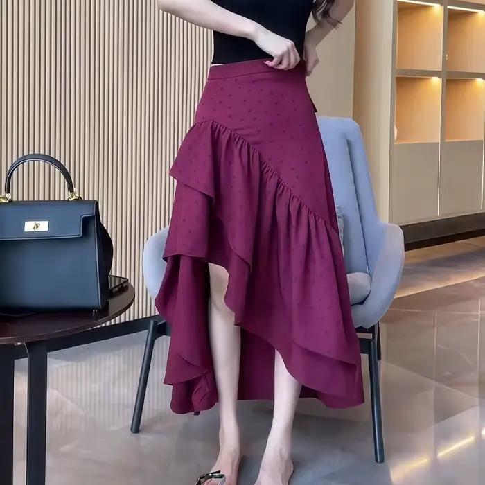 Jupe trapèze femme été 2026, design rétro élégant, à pois irréguliers, nouvelle collection populaire