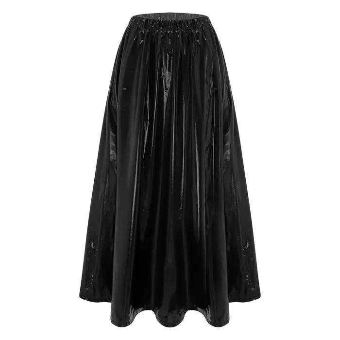 Jupe évasée taille haute pour femme en similicuir effet mouillé, jupe plissée coupe trapèze, jupe longue en vinyle imperméable pour femme, tenue de club