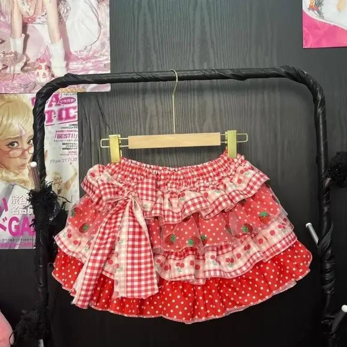 Mini-jupe Kawaii pour femmes, style japonais et coréen, Y2K, Sweet Lolita, jupe à volants effet gâteau, avec nœud mignon imprimé, taille haute, mode