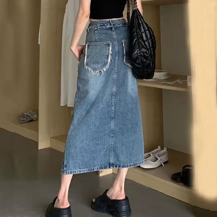 Coréen avant fendu Denim jupe longue femmes 2025 été taille haute une ligne jean jupes femme Streetwear poche une étape
