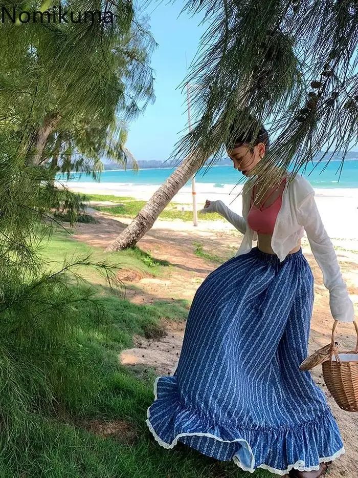 Jupe Saia Trapèze Rayée Coton Polyester Femme Occasions Spéciales Été 2025 Volants Décoratifs