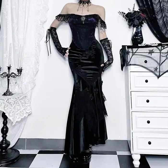 Mall Goth velours queue de poisson jupe femmes Vintage Jacquard hanche enveloppement fée Grunge