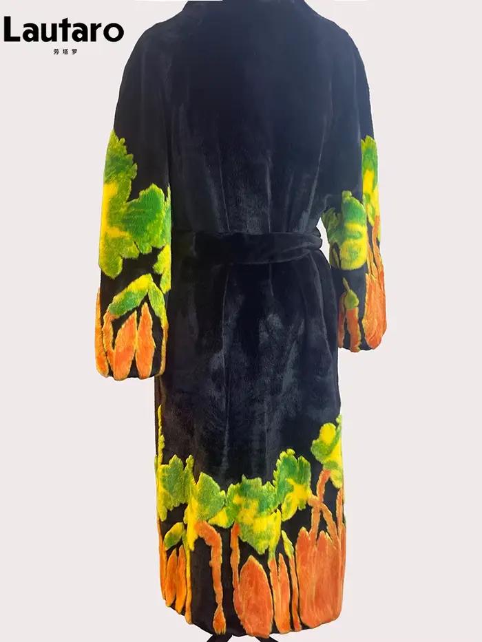 Lautaro automne hiver Long chaud épais doux Chic coloré moelleux fausse fourrure de vison manteau femmes ceintures de luxe lâche fourrure pardessus 2024