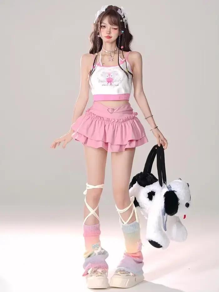 Kawaii Mini jupe noir rose