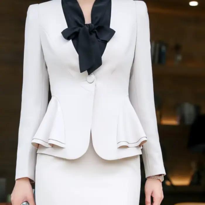 Ensemble jupe courte élégante pour femme, tenue professionnelle à manches longues pour entretien, vêtement de travail formel OL, robe de bureau en coton pour le trajet quotidien