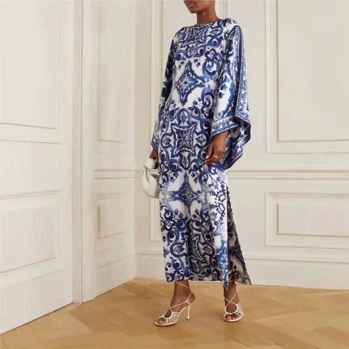 Jupe longue élégante à motif rétro imprimé pour femmes, tenue de soirée élégante, col rond, manches chauve-souris, ample, nouveau Style d'automne