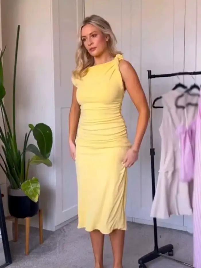 HH – robe fourreau longue élégante pour femmes, jaune, col rond, sans manches, plis décoratifs, fermeture éclair, mode fendue, été