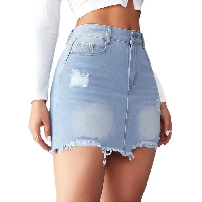 Été nouvelle jupe en jean pour femmes mode courte Sexy déchiré bord brut