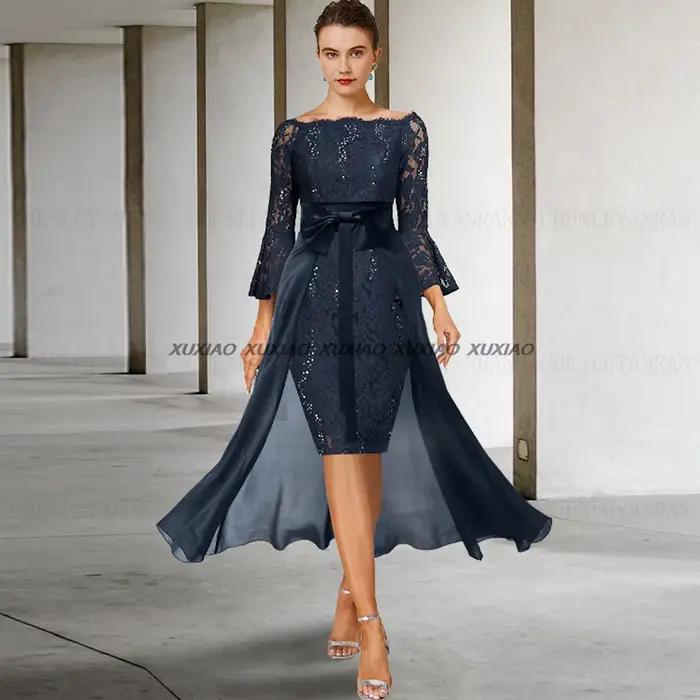 Robes mère de la mariée courtes bleues en dentelle et mousseline de soie