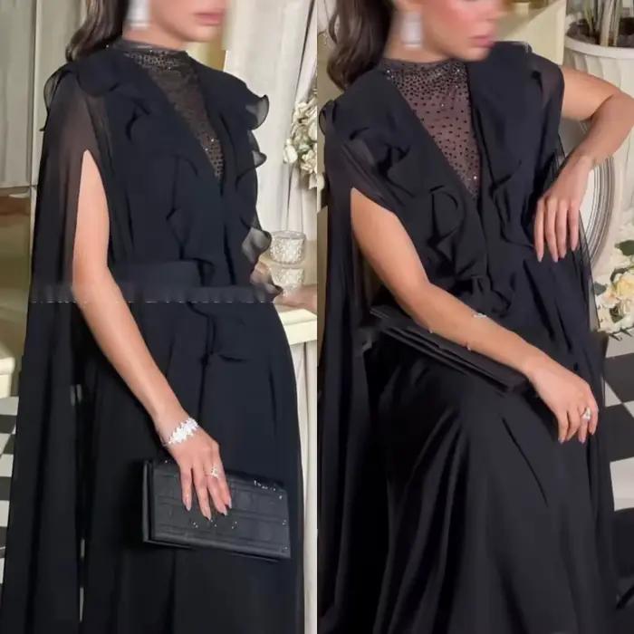 Robe de soirée en mousseline de soie noire, personnalisée, de haute qualité, élégante, gracieuse, col ras du cou, manches longues, robes de célébrité, robe de bal classique