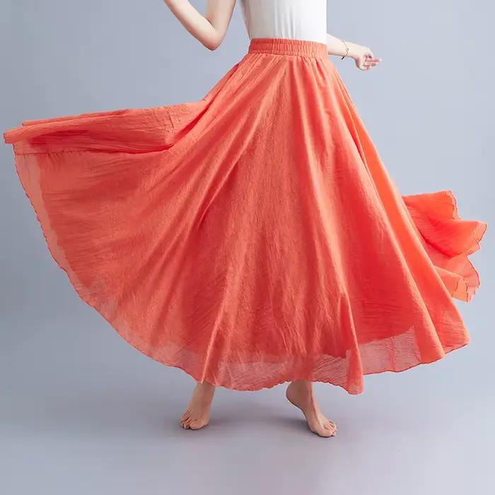 Jupe longue de plage en coton et lin pour femme style bohème vintage décontractée couleur unie ligne A taille haute longueur piste de danse maxi nouvelle collection printemps été