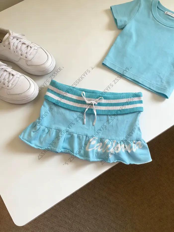 Jupe courte Himekaji japonaise vintage sexy pour femme, taille basse, style plage, été, Y2K, à volants, avec lettres, streetwear, mode fille branchée