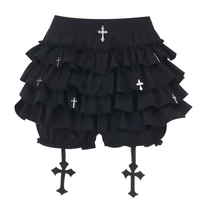 Jupes pour femmes, jupe courte à volants superposés avec breloques croisées, short intégré, jupe-short kawaii, style gothique punk coquette Y2K E-girl