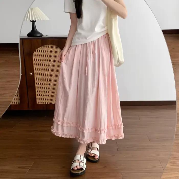 Jupe longue décontractée pour femme, couleur unie, à volants, taille élastique, coupe trapèze, jaune clair, pour printemps, été et vacances à la plage