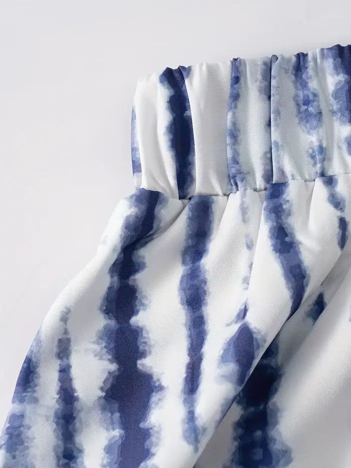 Jupe mi-longue décontractée pour femme, imprimé bleu encre, taille haute, coupe trapèze, plissée, taille élastique, pour l'été et le bureau