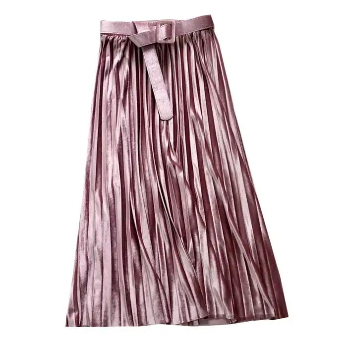 Jupe femelle plissée en velours or avec ceinture perlée brillante une ligne mince ajustement empire midi longue décontractée pour occasions spéciales