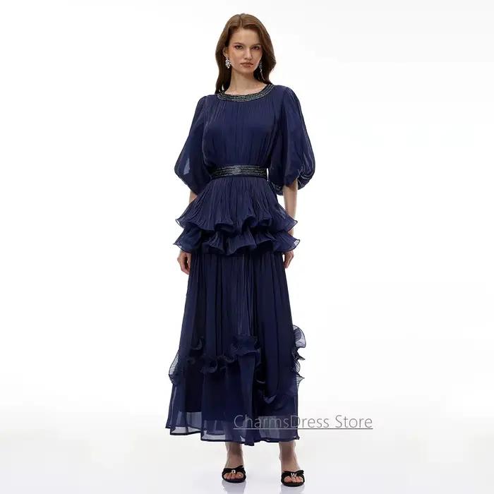 Robe de soirée marine personnalisée, col rond, manches bouffantes, perles, volants, plissée, coupe trapèze, longueur cheville, pour bal de promo