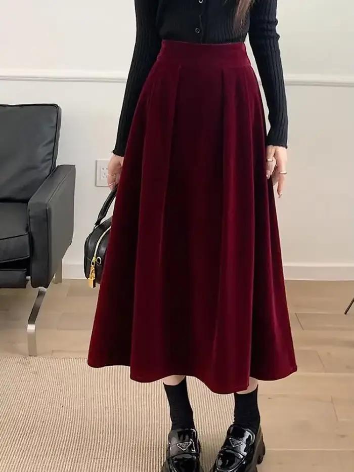 Jupe trapèze plissée en velours pour femme