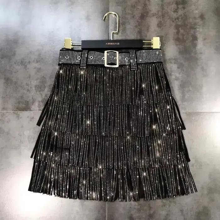 Femmes jupe mode 2025 nouveau automne taille haute ceinture multicouche courte lourde forage strass