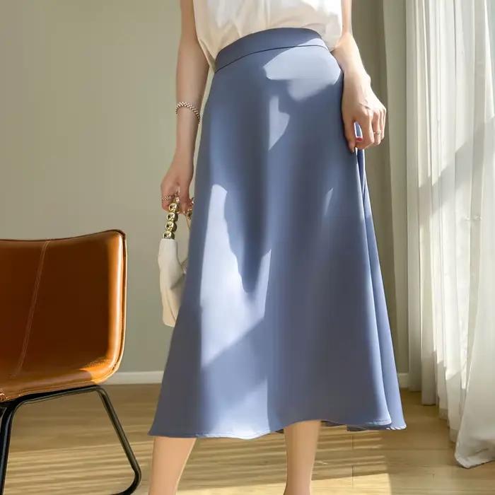 Jupe mi-longue trapèze en satin acétique pour femme, taille haute et coupe slim, idéale printemps-été