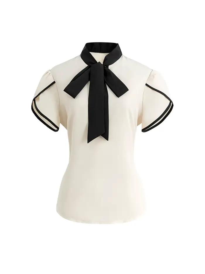 Chemisier Chic Basique Femme Printemps-Été Blanc Crème Noir Col Nœud Papillon Manches Courtes Bouffantes Élégant pour la Saint-Valentin Tenue de Bureau