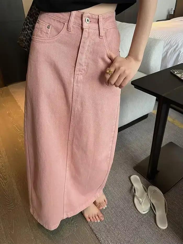 Jupe en jean rose taille haute pour femmes, style paresseux rétro, mince, mode coréenne, jupes longues fendues polyvalentes, décontracté, été, nouveau