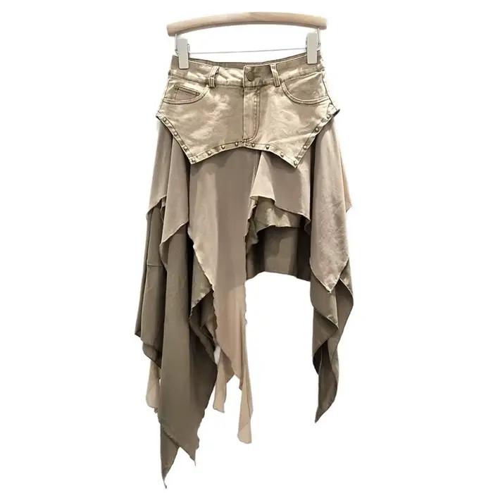 Jupes Femme Asymétriques Sexy à Rivets Volants Patchwork Effet Vieilli Printemps-Été 2026 Streetwear Vintage Coupe Trapèze