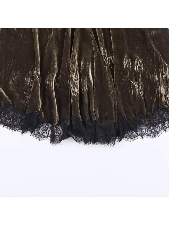 HH femmes mode velours plissé décoration dentelle jupe longue automne femme taille haute côté fermeture éclair