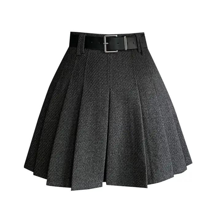 Vintage hiver plissé Mini jupe femmes Streetwear taille haute laine mignon patineuse jupes avec short ceinture gris noir