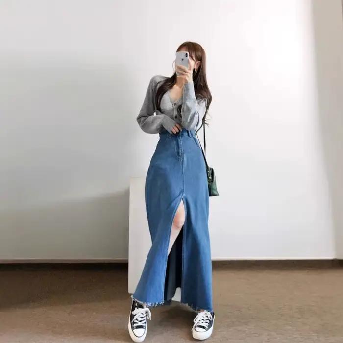 Taille haute fente Denim a-ligne jupe femmes mi-longue jupes Vintage Jean fermeture éclair boutons grand ourlet lavé effiloché coréen Harajuku