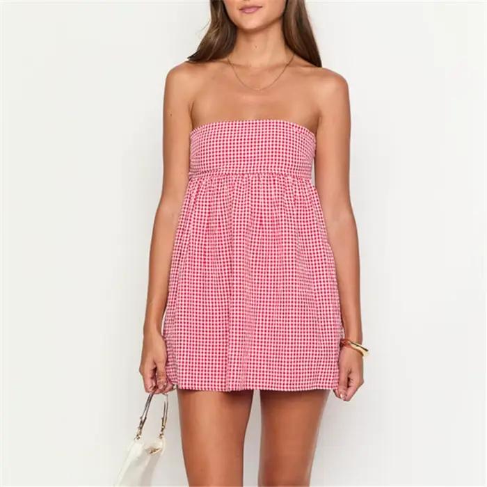 Femmes vichy Mini robe Cami Plaid Spaghetti sangle dentelle garniture robe courte col carré dos ouvert mignon robe de soirée