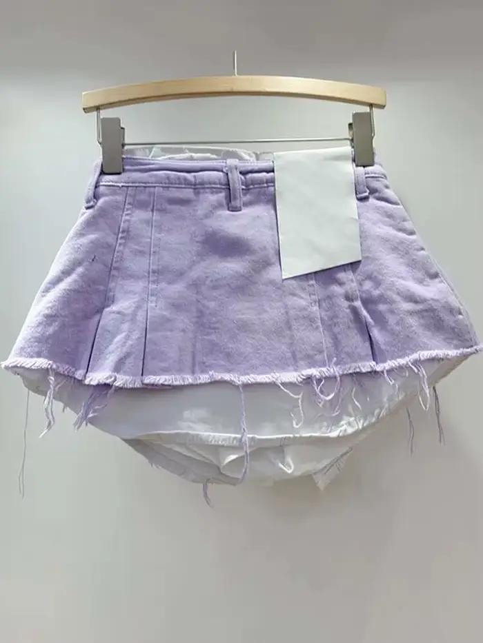 DEAT femmes jupe en jean taille haute plissée Patchwork couleur contrastée grandes poches bavures a-ligne Mini